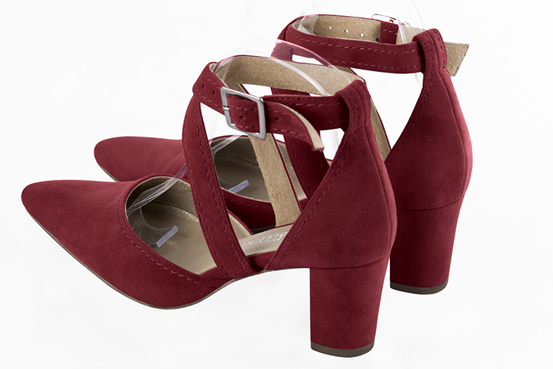 Burgundy red women's open side shoes, with crossed straps. Tapered toe. Medium block heels. Rear view - Florence KOOIJMAN